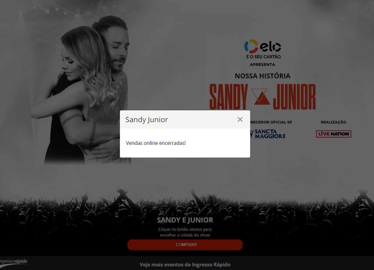 Tela da do site de compras de ingressos para shows de Sandy e Junior (Reprodução)