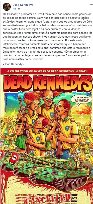 Dead Kennedys publica no Facebook nota sobre cancelamento de shows no Brasil (Reprodução)